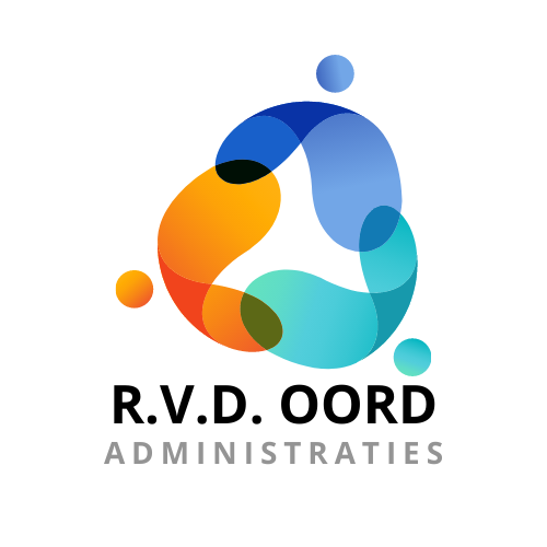 Logo R.v.d. Oord Administraties: drie figuren in oranje, blauw en teal die samen een cirkel vormen